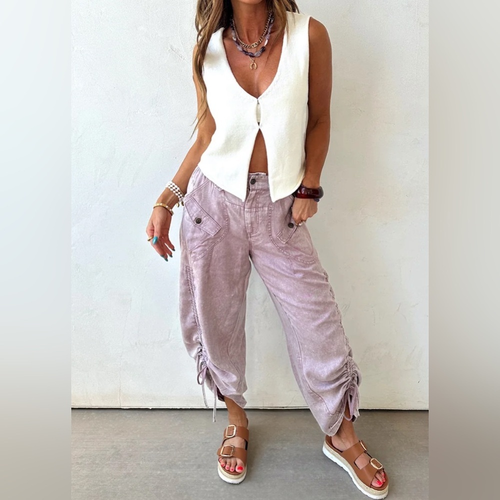 NWT Bluevelvet Cargo Pocket Tencel Side Ruched Mauve Cropped Pants - Picture 7 of 10
